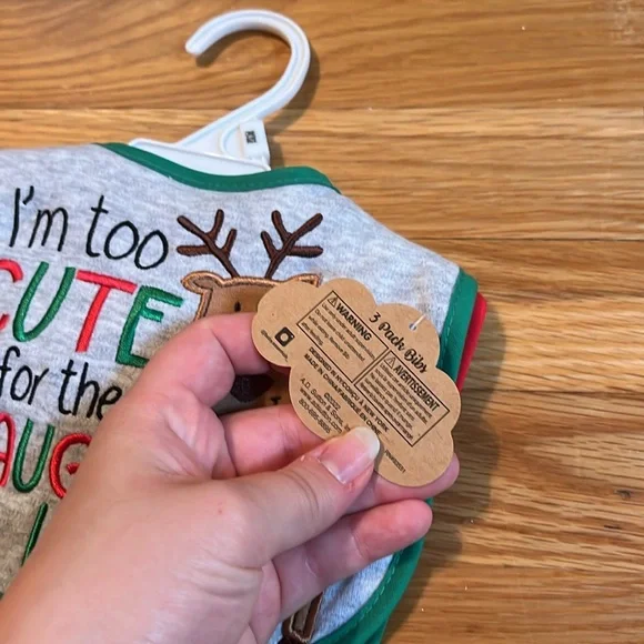 Baby Essentials Reindeer Bib Trio - Gray, Red, Green - Picture 3 of 5